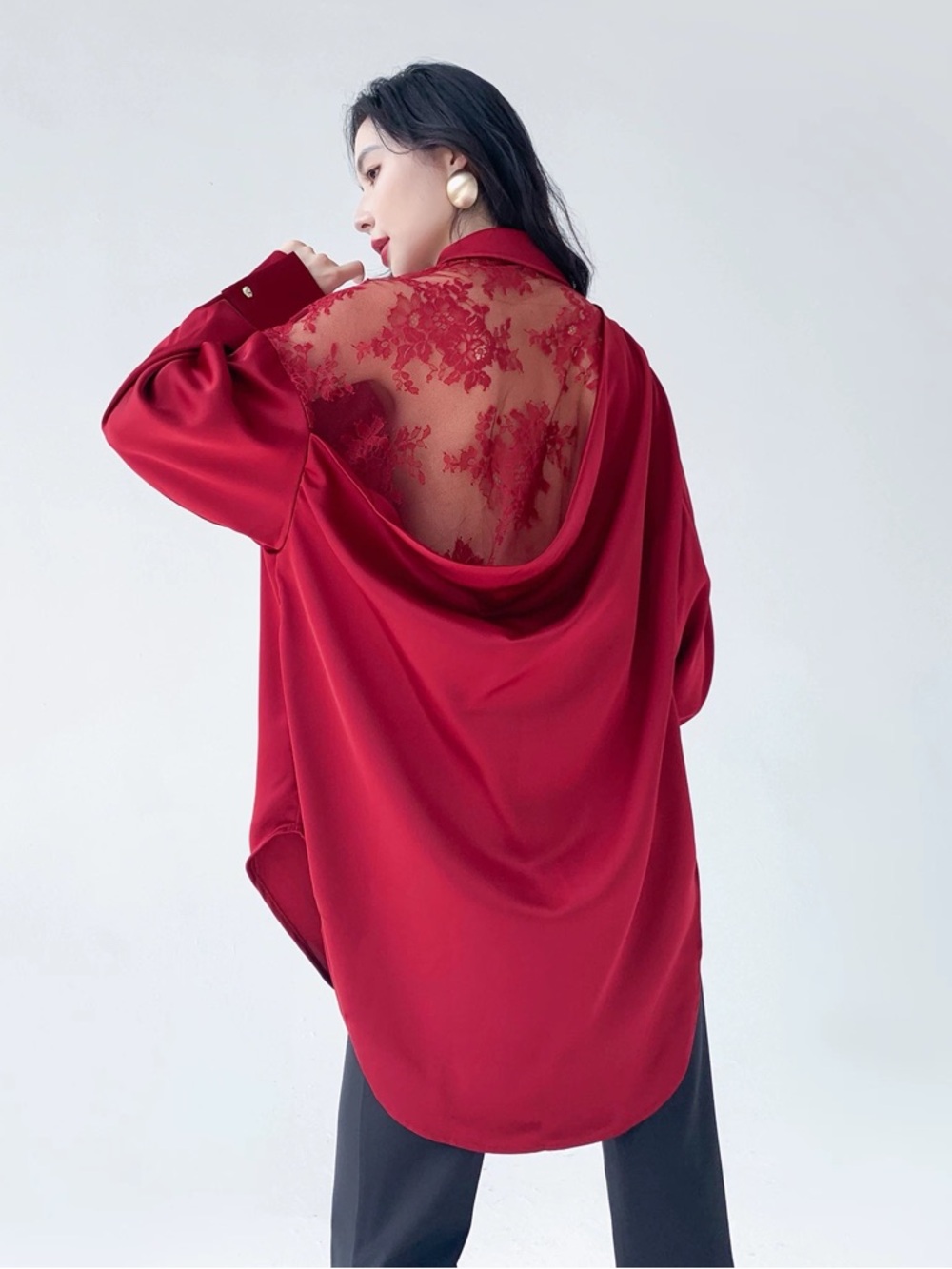 Rose Red Satin Lace Back Blouse | Statement Oversized Elegant Button Down Shirt